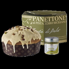 La Forneria di Pula Panettone ricoperto di cioccolato bianco e pistacchi con vasetto di crema al pistacchio...