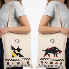 Donna con borsa in tela cinghiale e ape